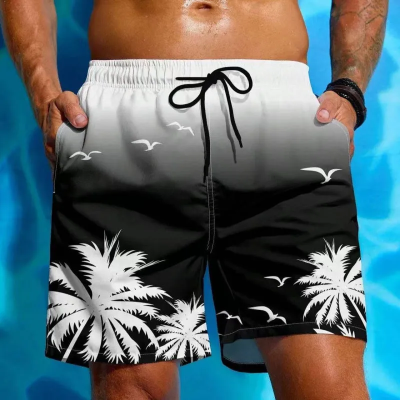 Man wearing ethnic pattern loose board swim shorts in polyester fabric by the pool.