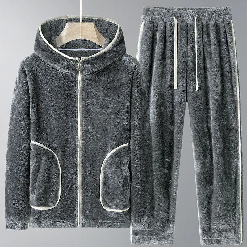 Winter coral fleece heavy velvet zipper cardigan pajama suit in gray with hood and long sleeves