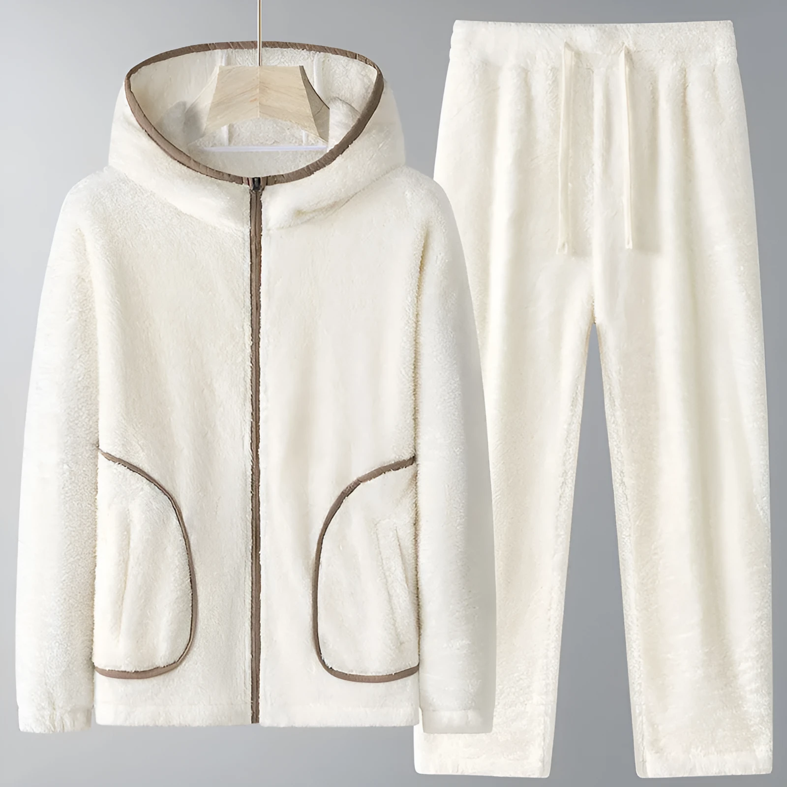 Winter coral fleece heavy velvet zipper cardigan pajama suit in gray with hood and long sleeves