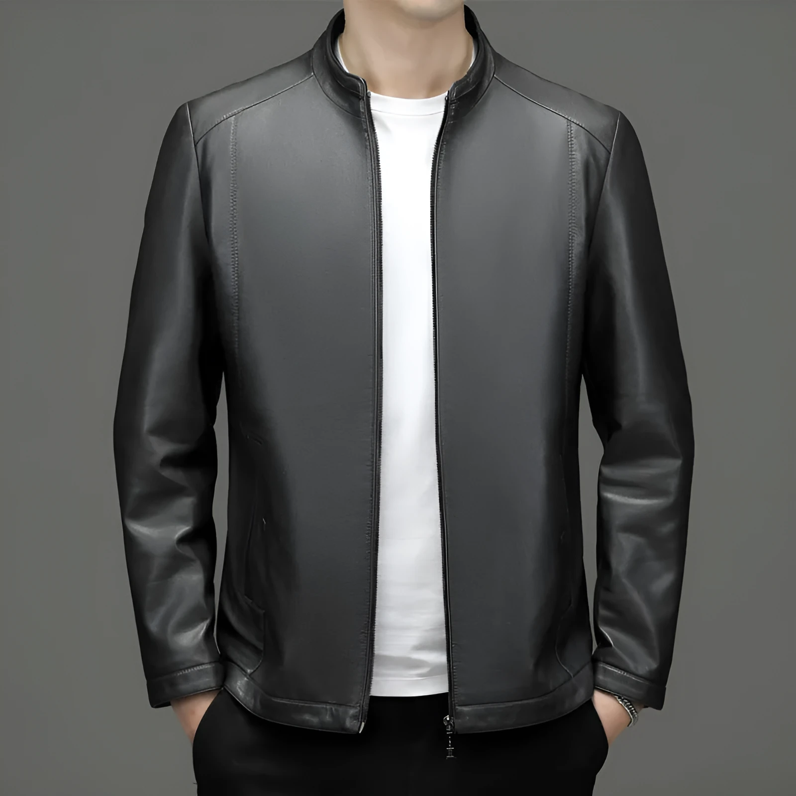 Men's genuine sheepskin leather jacket in black with fleece polyester lining, front view