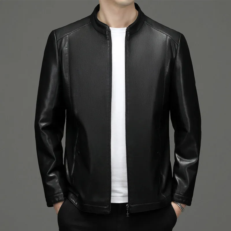 Men's genuine sheepskin leather jacket in black with fleece polyester lining, front view