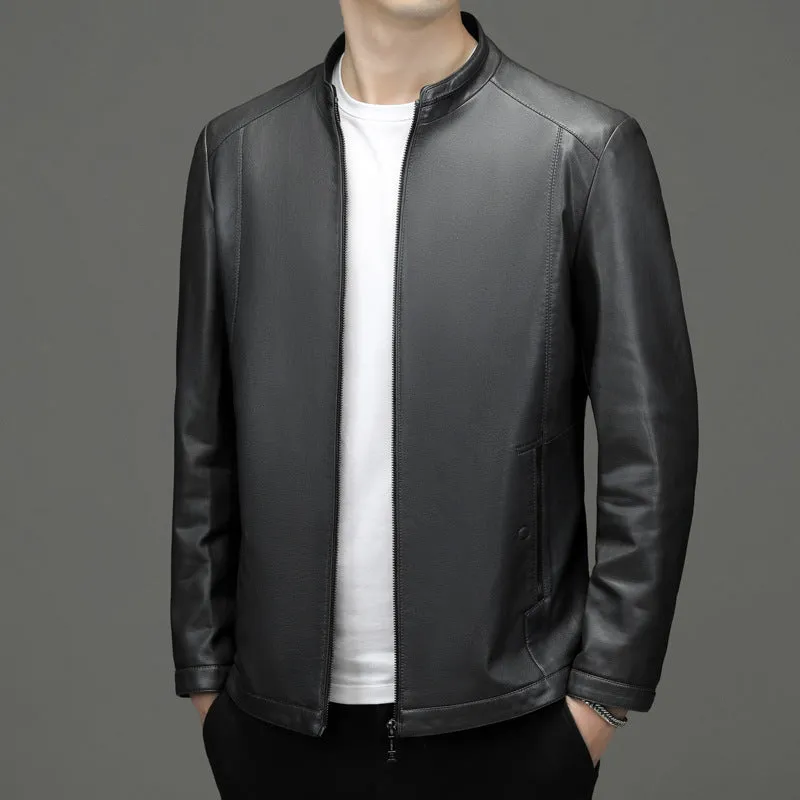 Men's genuine sheepskin leather jacket in black with fleece polyester lining, front view