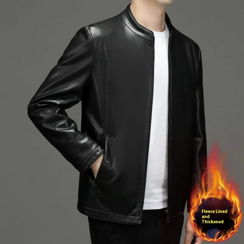 Men's genuine sheepskin leather jacket in black with fleece polyester lining, front view