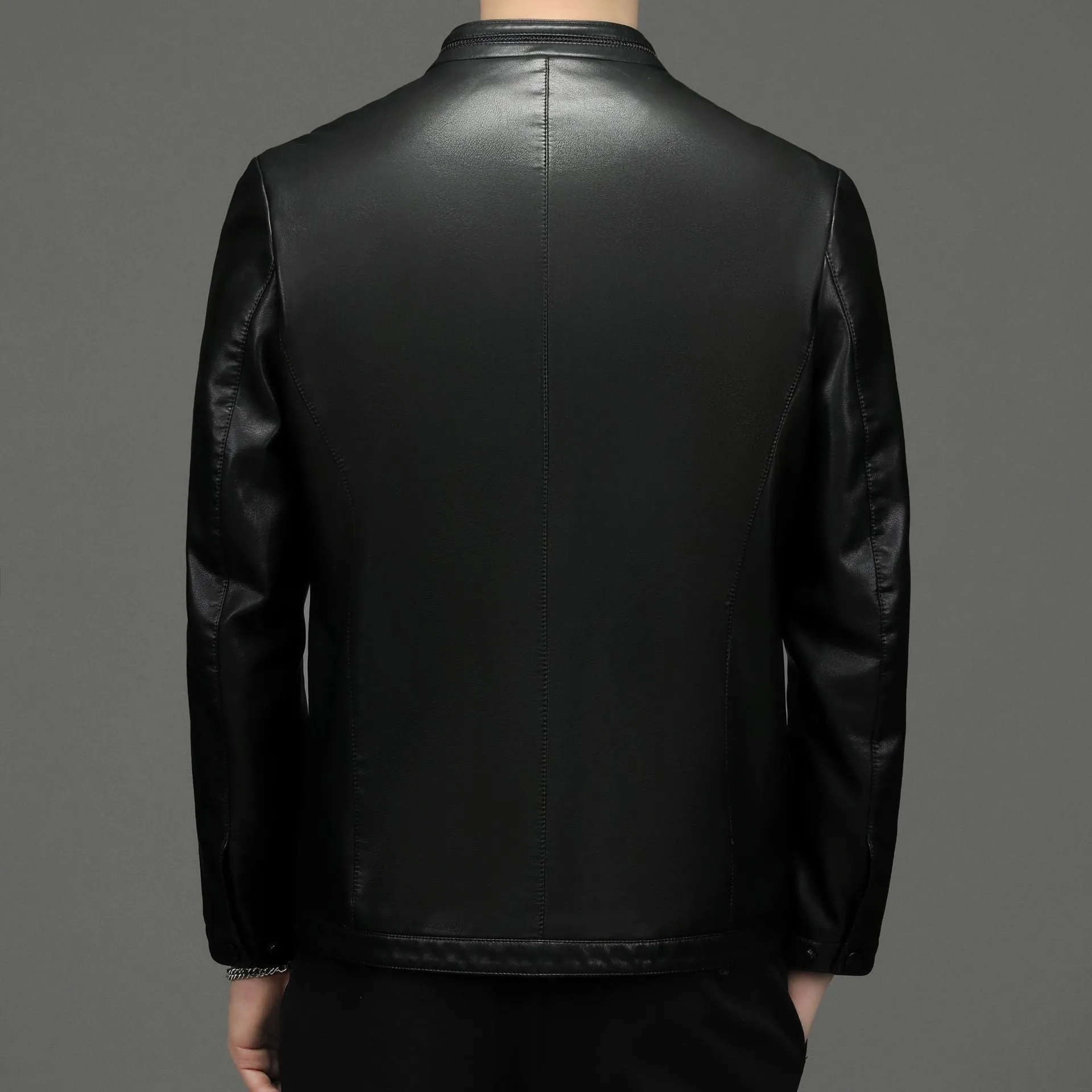 Men's genuine sheepskin leather jacket in black with fleece polyester lining, front view