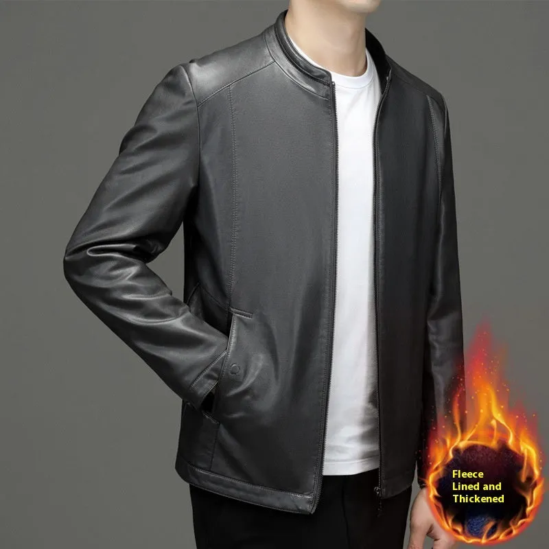 Men's genuine sheepskin leather jacket in black with fleece polyester lining, front view