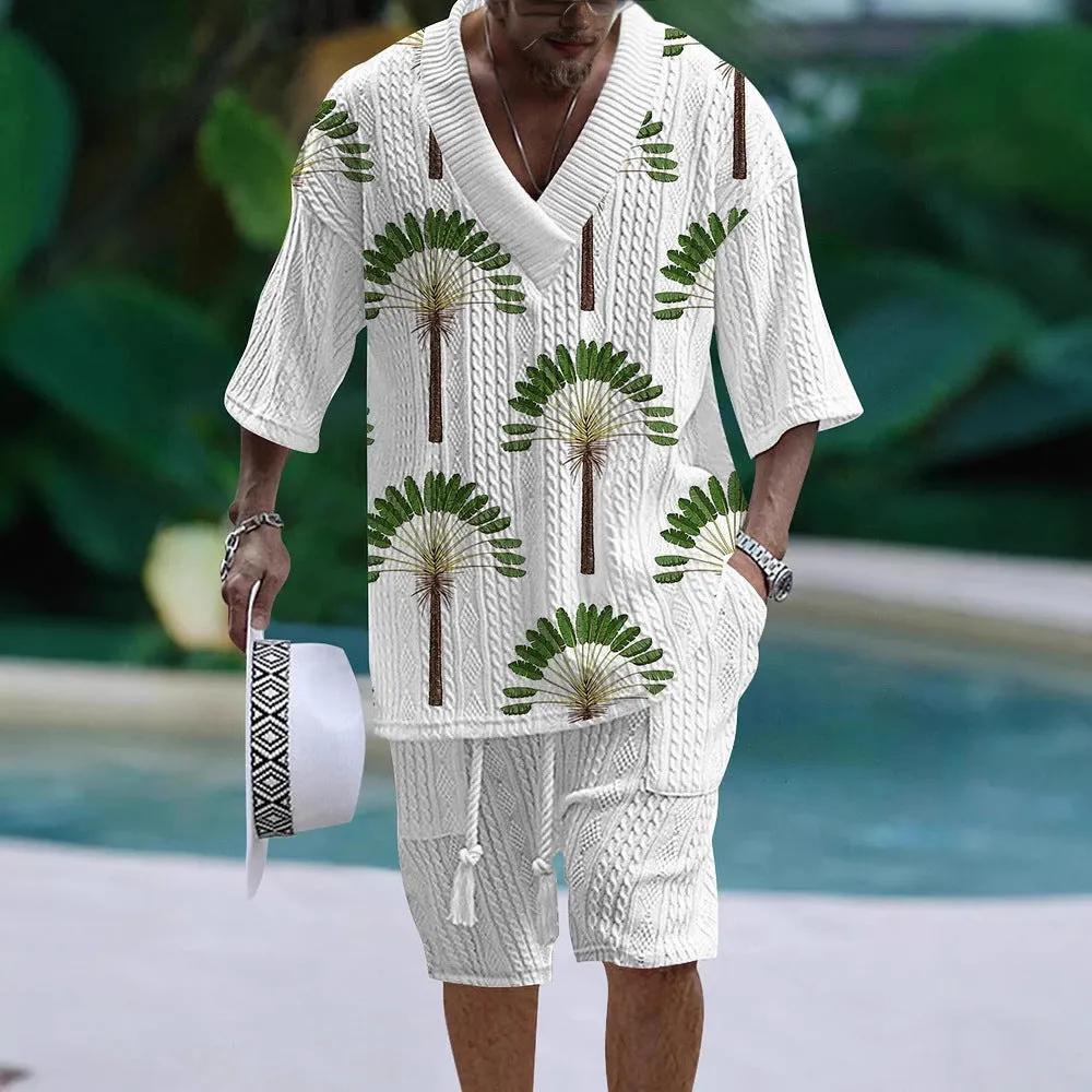 Men's loose casual short sleeve suit with matching shorts in polyester fabric