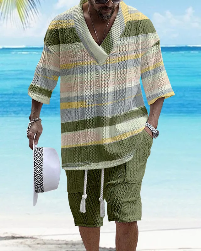 Men's loose casual short sleeve suit with matching shorts in polyester fabric