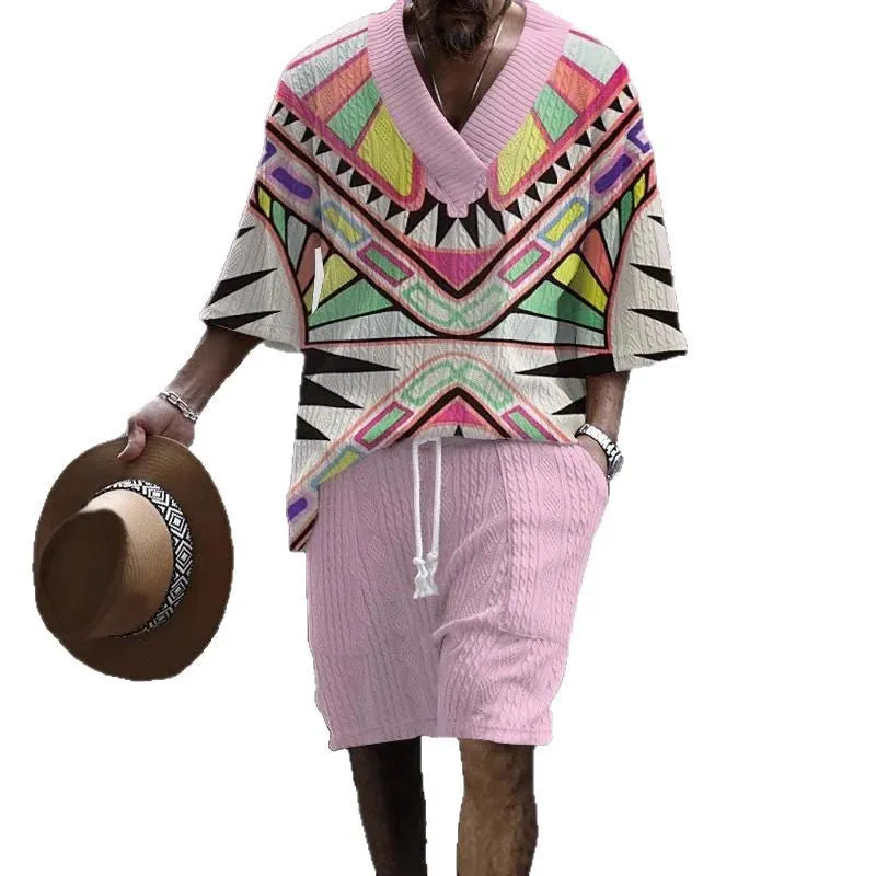 Men's loose casual short sleeve suit with matching shorts in polyester fabric