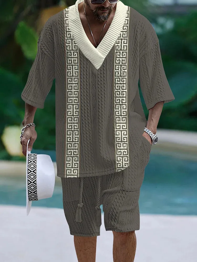Men's loose casual short sleeve suit with matching shorts in polyester fabric