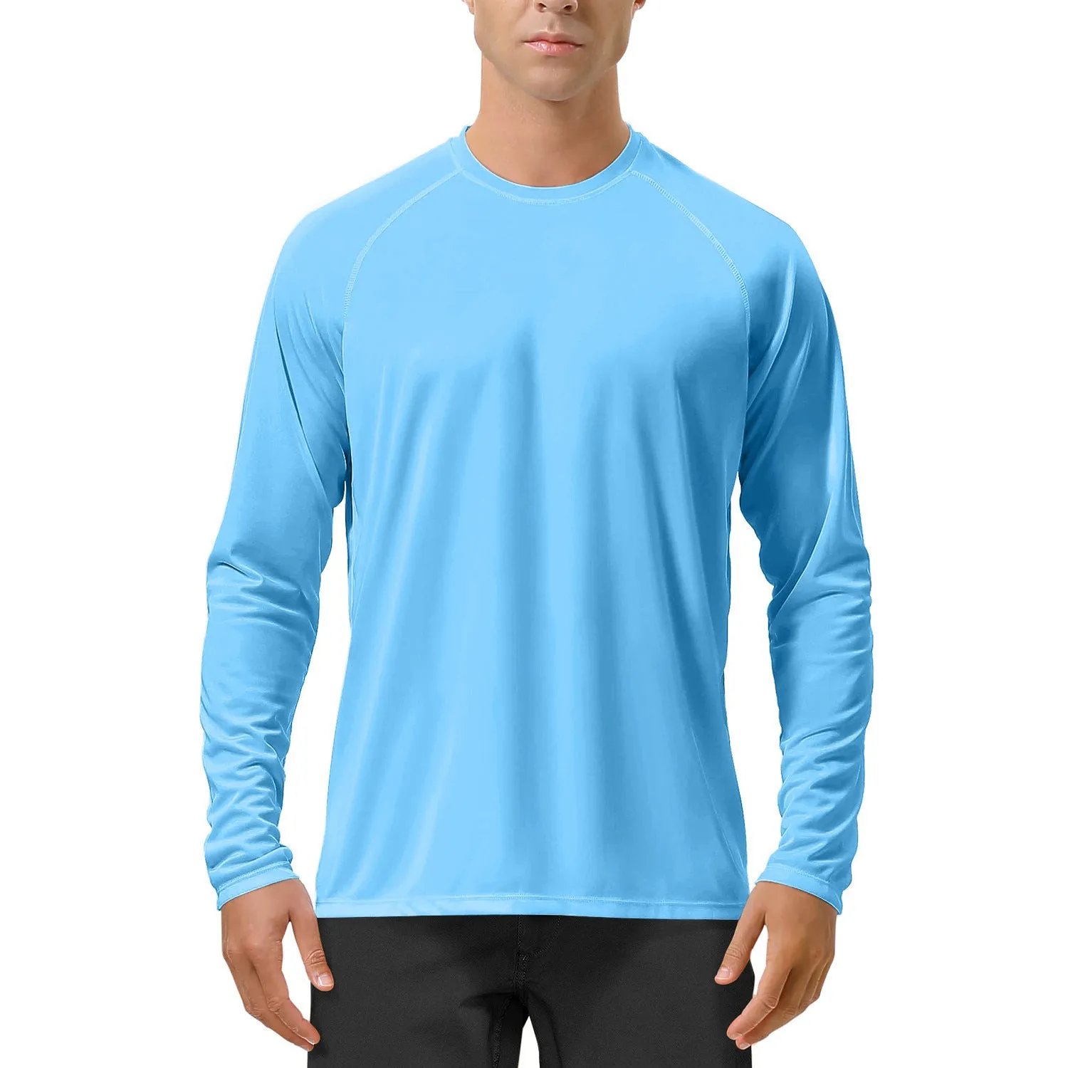 Quick-drying solid colour round neck polyester long sleeve sports top for men with UV protection
