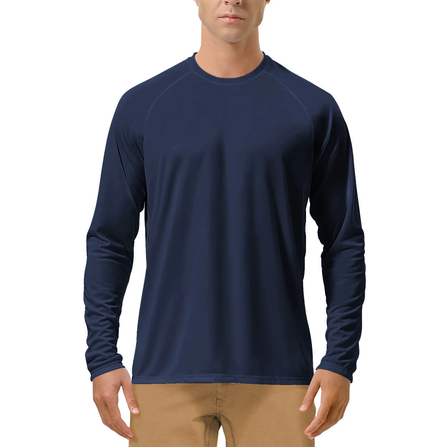 Quick-drying solid colour round neck polyester long sleeve sports top for men with UV protection