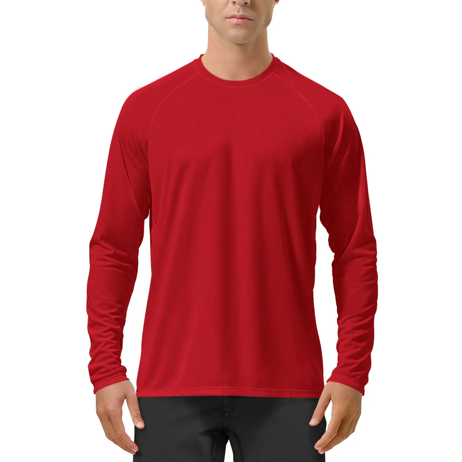 Quick-drying solid colour round neck polyester long sleeve sports top for men with UV protection