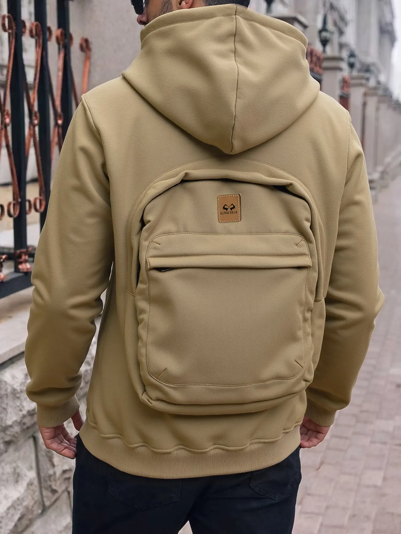 Casual loose-fitting hoodie cardigan back schoolbag sweater for men in light gray with stick pocket