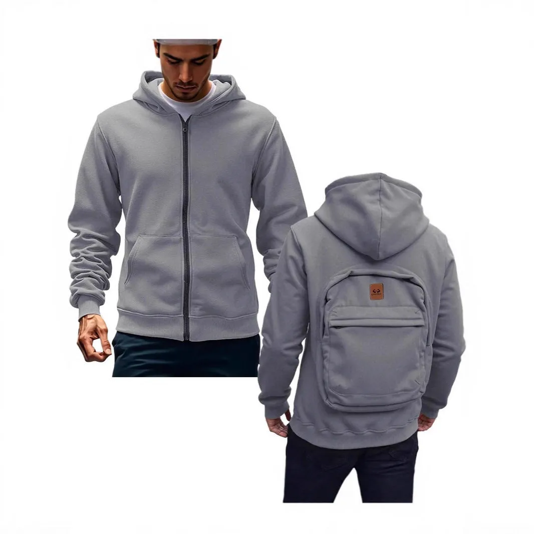 Casual loose-fitting hoodie cardigan back schoolbag sweater for men in light gray with stick pocket