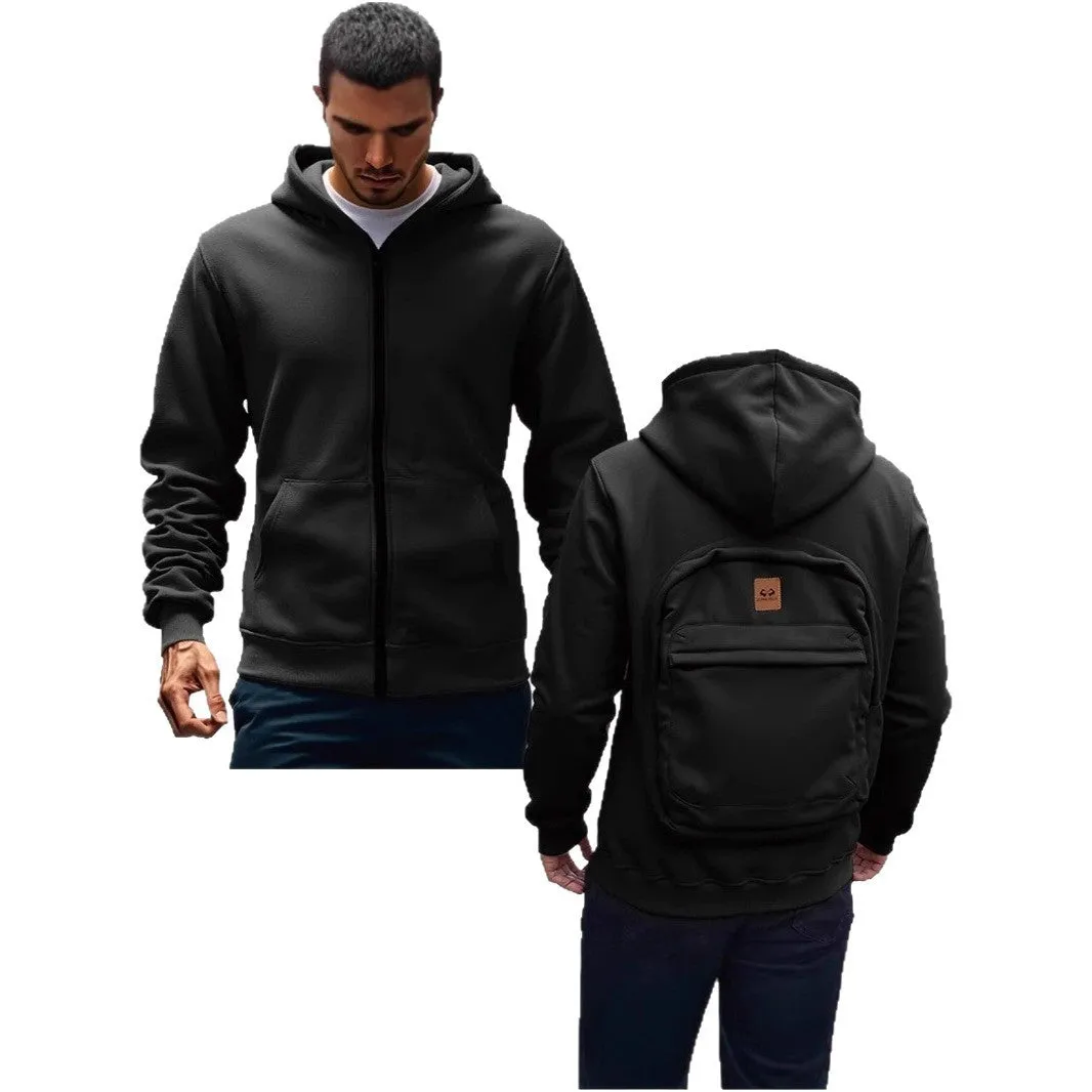 Casual loose-fitting hoodie cardigan back schoolbag sweater for men in light gray with stick pocket