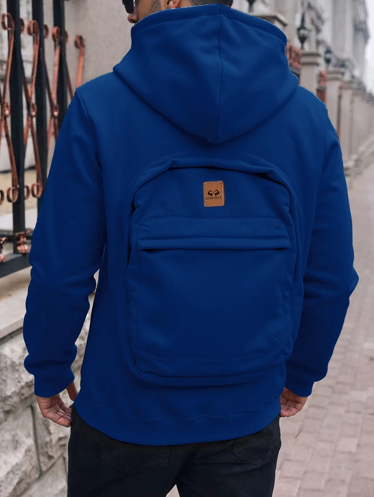 Casual loose-fitting hoodie cardigan back schoolbag sweater for men in light gray with stick pocket