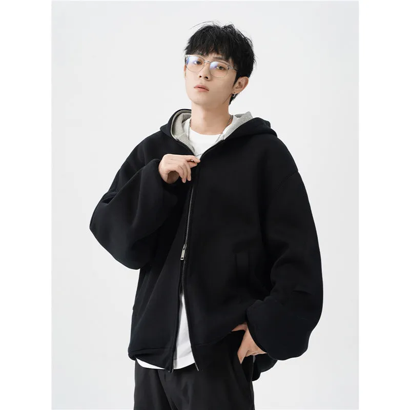 men's double zipper hooded sweater casual jacket polyester fibre cardigan loose fit black