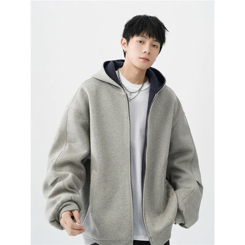 men's double zipper hooded sweater casual jacket polyester fibre cardigan loose fit black
