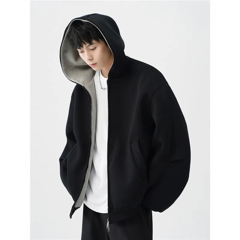 men's double zipper hooded sweater casual jacket polyester fibre cardigan loose fit black