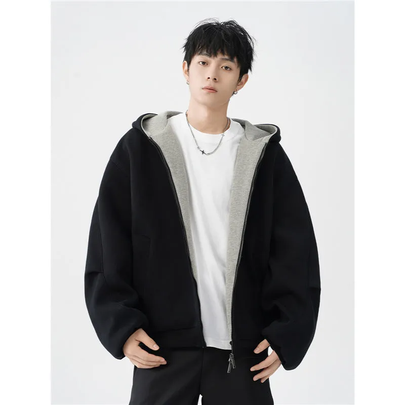 men's double zipper hooded sweater casual jacket polyester fibre cardigan loose fit black