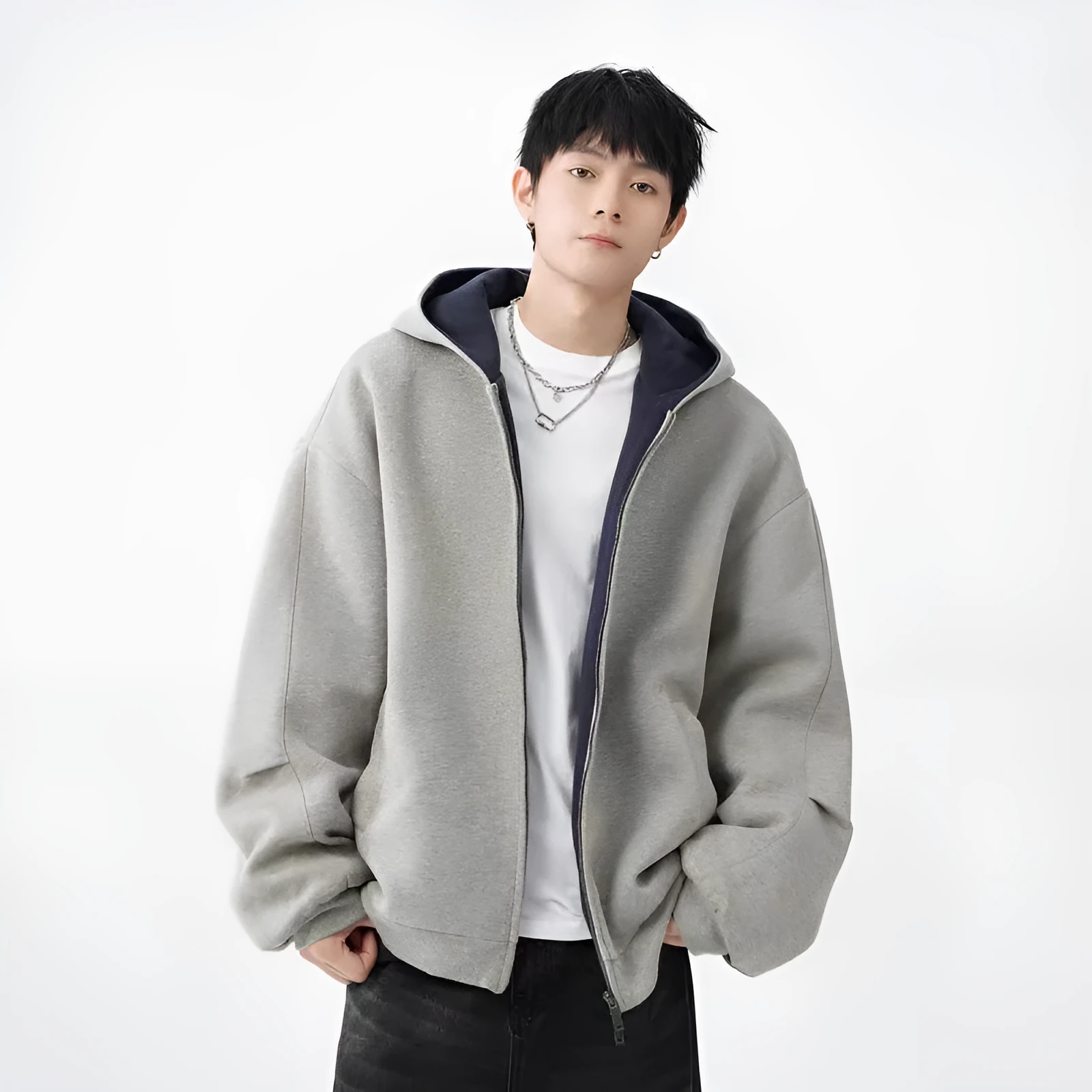 men's double zipper hooded sweater casual jacket polyester fibre cardigan loose fit black