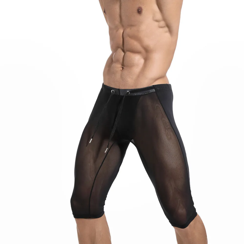 Men's ultra light nylon mesh cycling pants with padding in black, low-waist tight fit for running and fitness exercise