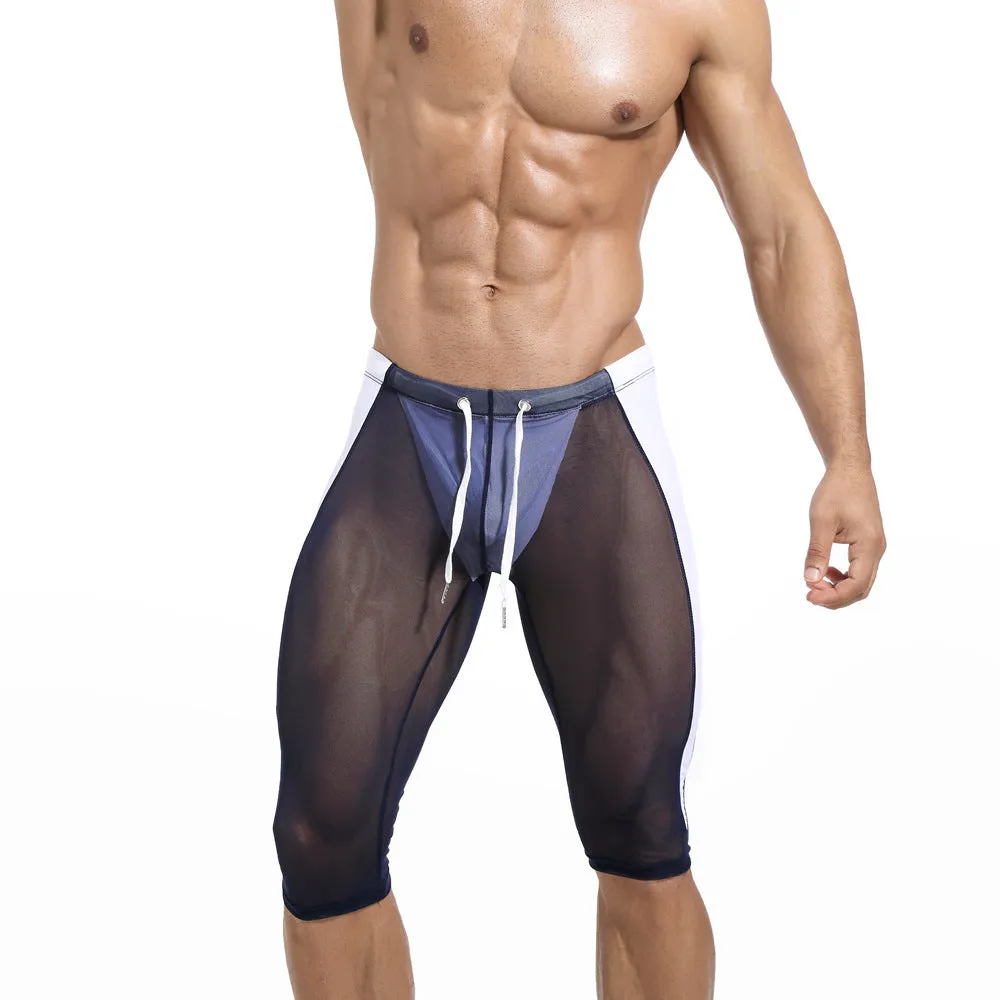 Men's ultra light nylon mesh cycling pants with padding in black, low-waist tight fit for running and fitness exercise