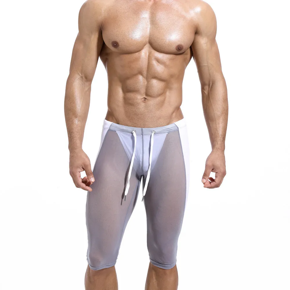 Men's ultra light nylon mesh cycling pants with padding in black, low-waist tight fit for running and fitness exercise
