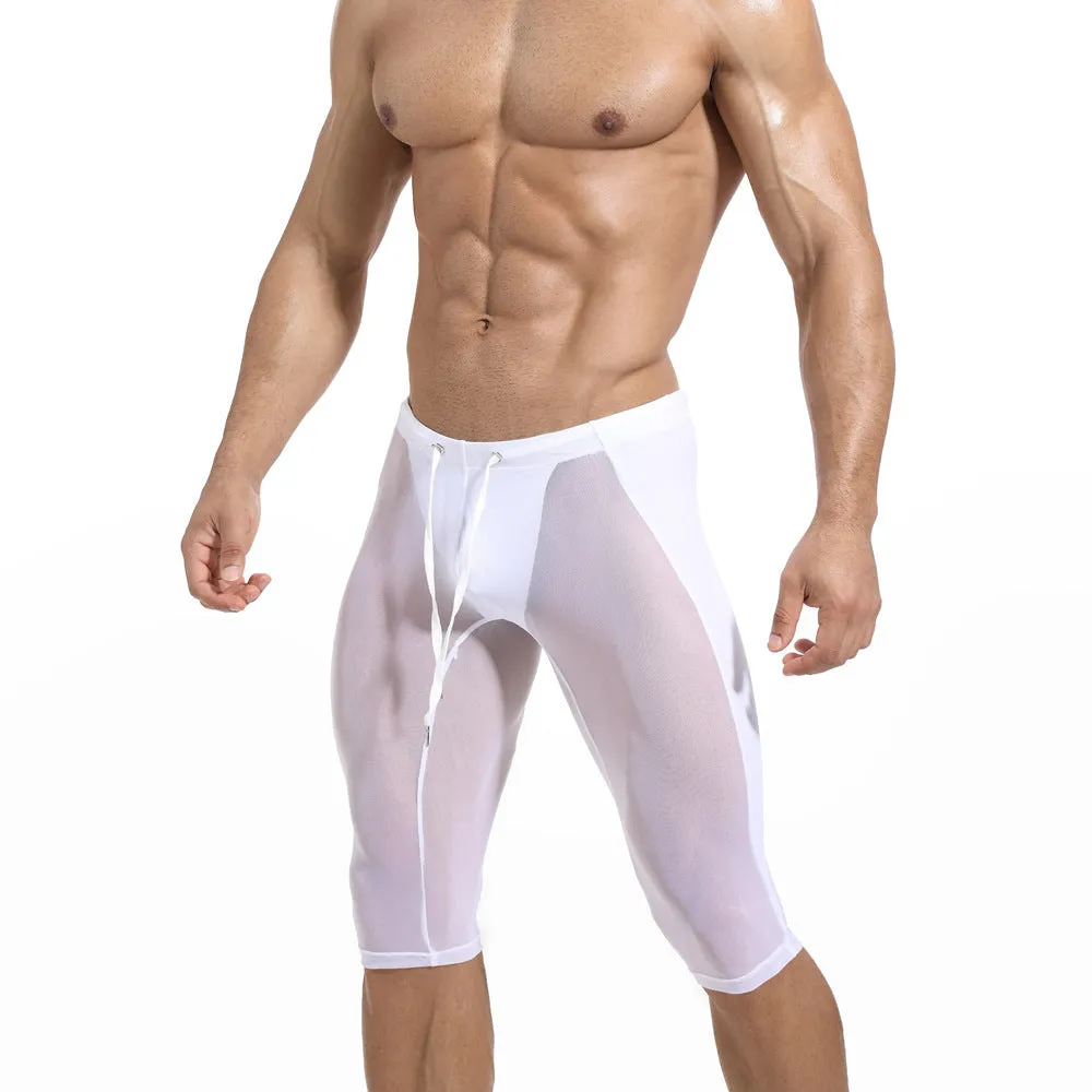 Men's ultra light nylon mesh cycling pants with padding in black, low-waist tight fit for running and fitness exercise