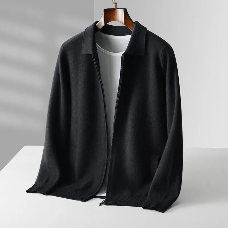 Men's pure wool thickened cardigan with turn-down collar in camel colour on a hanger