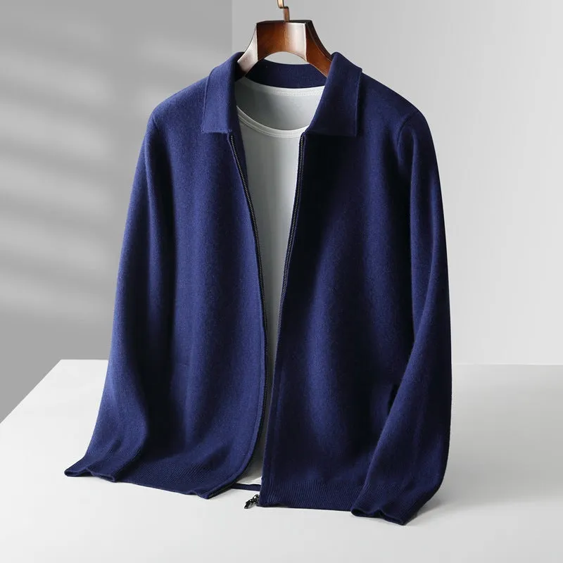 Men's pure wool thickened cardigan with turn-down collar in camel colour on a hanger