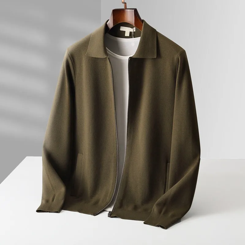 Men's pure wool thickened cardigan with turn-down collar in camel colour on a hanger