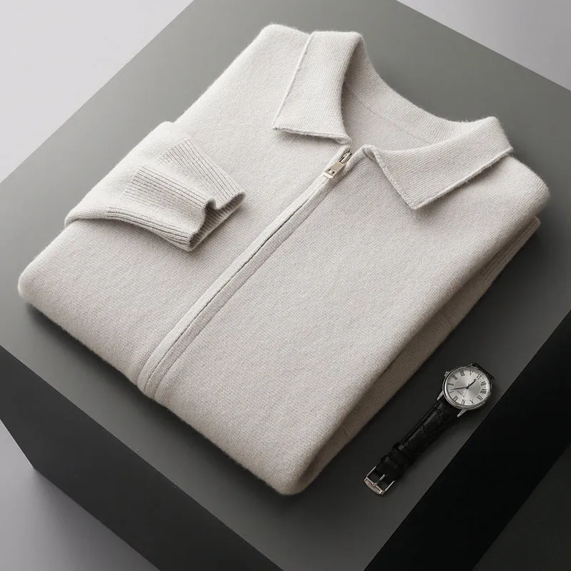 Men's pure wool thickened cardigan with turn-down collar in camel colour on a hanger