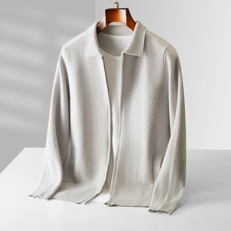 Men's pure wool thickened cardigan with turn-down collar in camel colour on a hanger