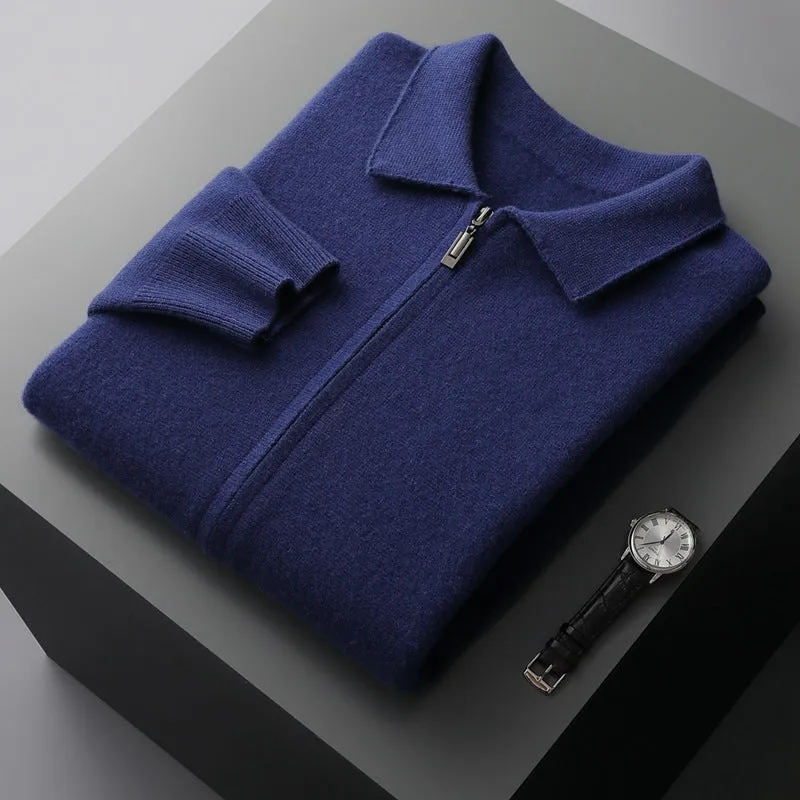 Men's pure wool thickened cardigan with turn-down collar in camel colour on a hanger