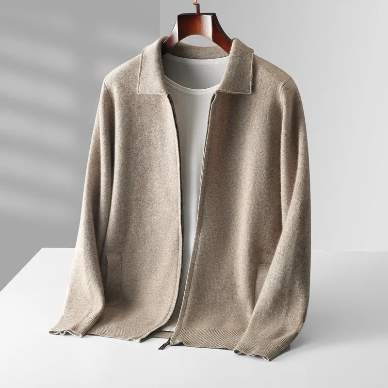 Men's pure wool thickened cardigan with turn-down collar in camel colour on a hanger