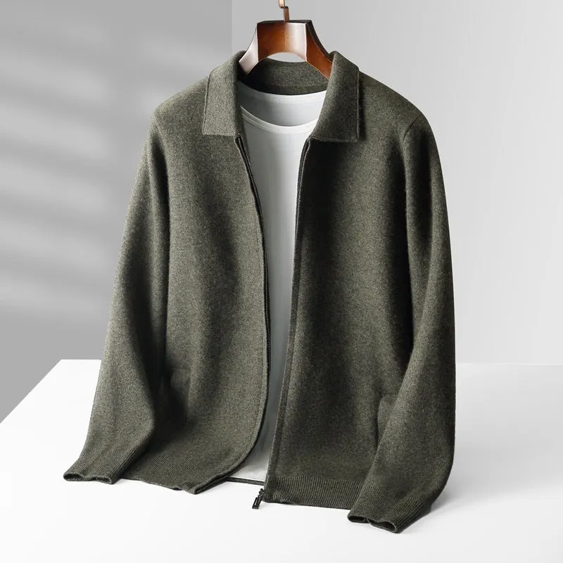 Men's pure wool thickened cardigan with turn-down collar in camel colour on a hanger