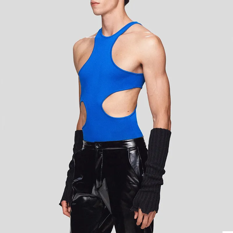 Men's sling double-shoulder strap hollow knitted vest in stretch slim fit polyester, black colour