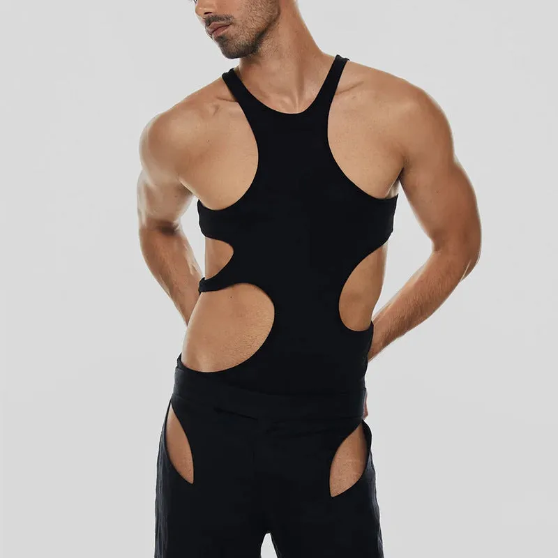 Men's sling double-shoulder strap hollow knitted vest in stretch slim fit polyester, black colour