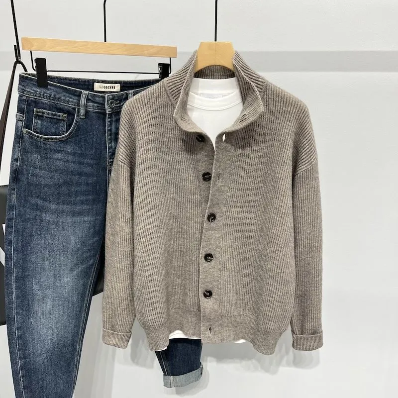 Men's loose stand collar cardigan sweater in black, long sleeves, Vinylon fabric, front view