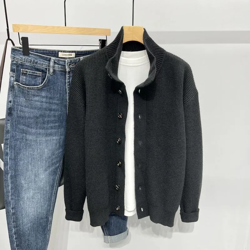 Men's loose stand collar cardigan sweater in black, long sleeves, Vinylon fabric, front view
