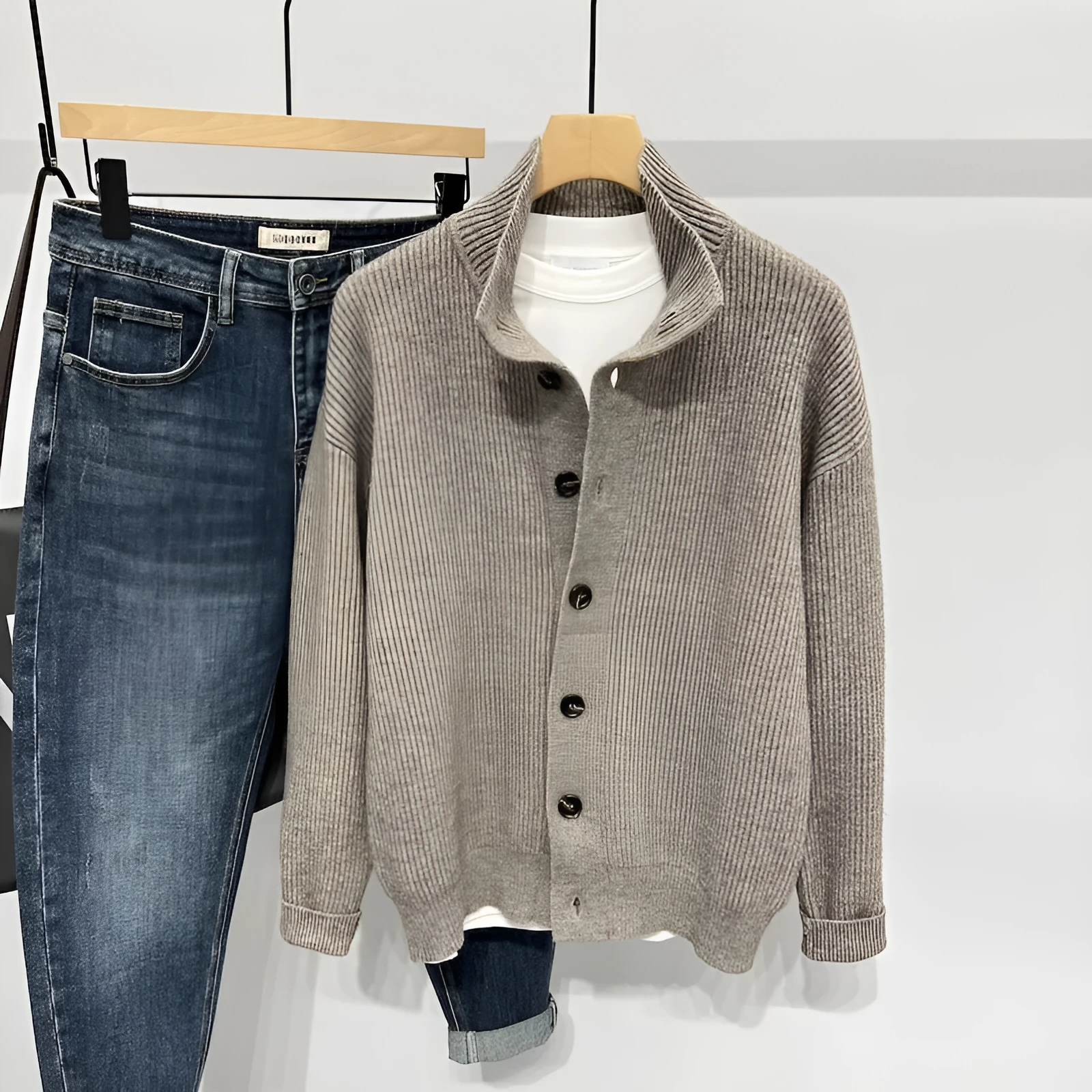 Men's loose stand collar cardigan sweater in black, long sleeves, Vinylon fabric, front view