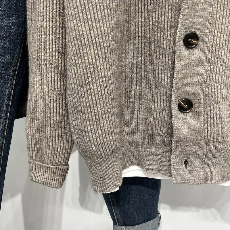 Men's loose stand collar cardigan sweater in black, long sleeves, Vinylon fabric, front view
