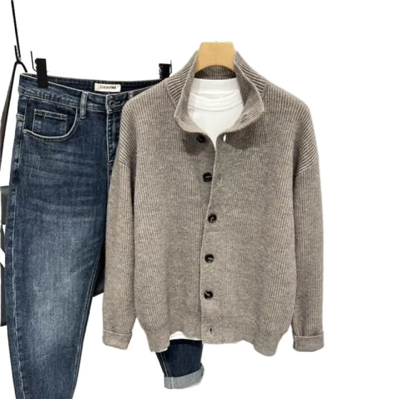 Men's loose stand collar cardigan sweater in black, long sleeves, Vinylon fabric, front view