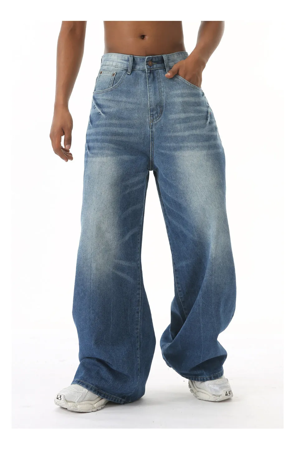 Men's retro washed light blue straight wide leg jeans with zipper fly, front view