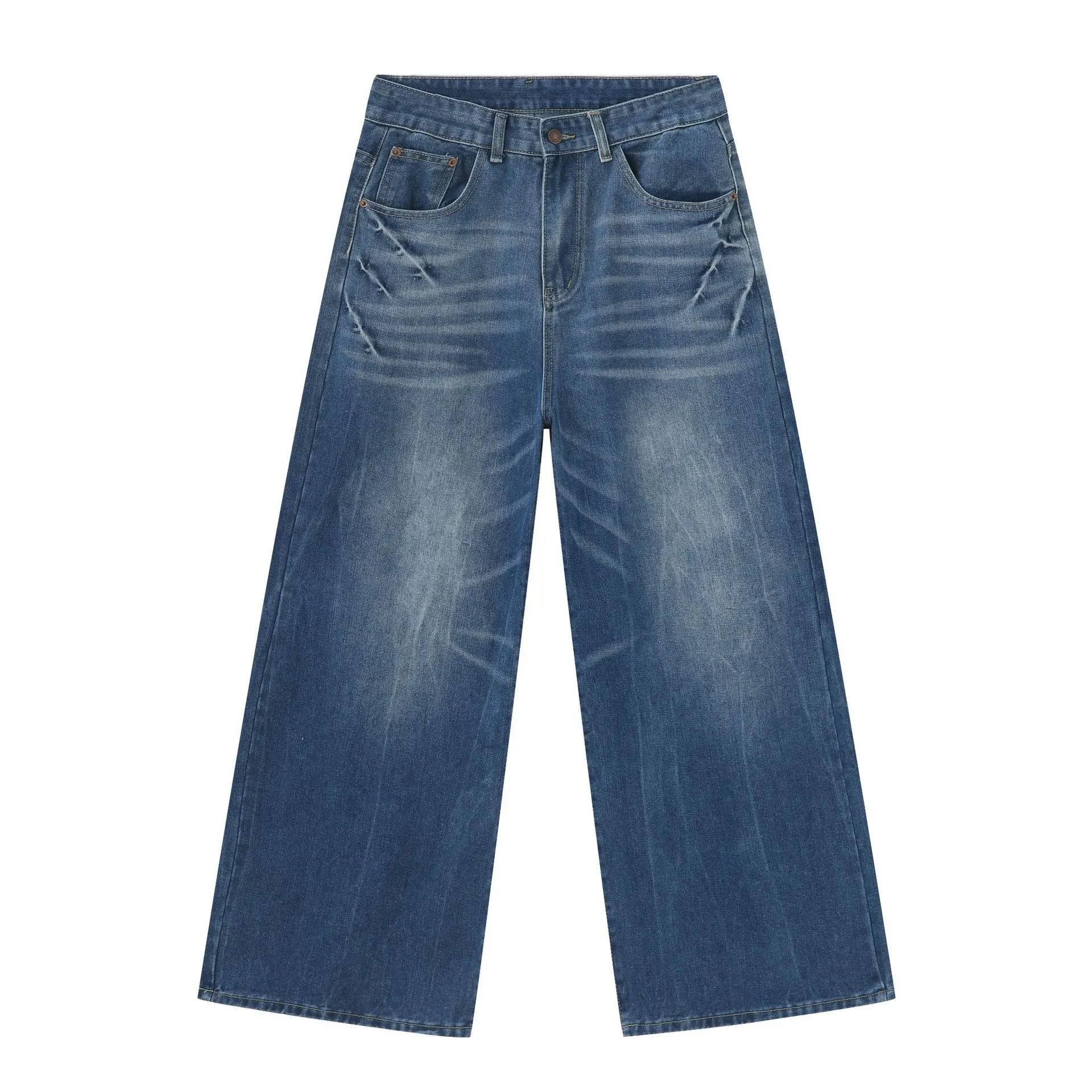 Men's retro washed light blue straight wide leg jeans with zipper fly, front view