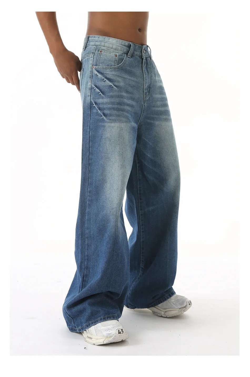Men's retro washed light blue straight wide leg jeans with zipper fly, front view