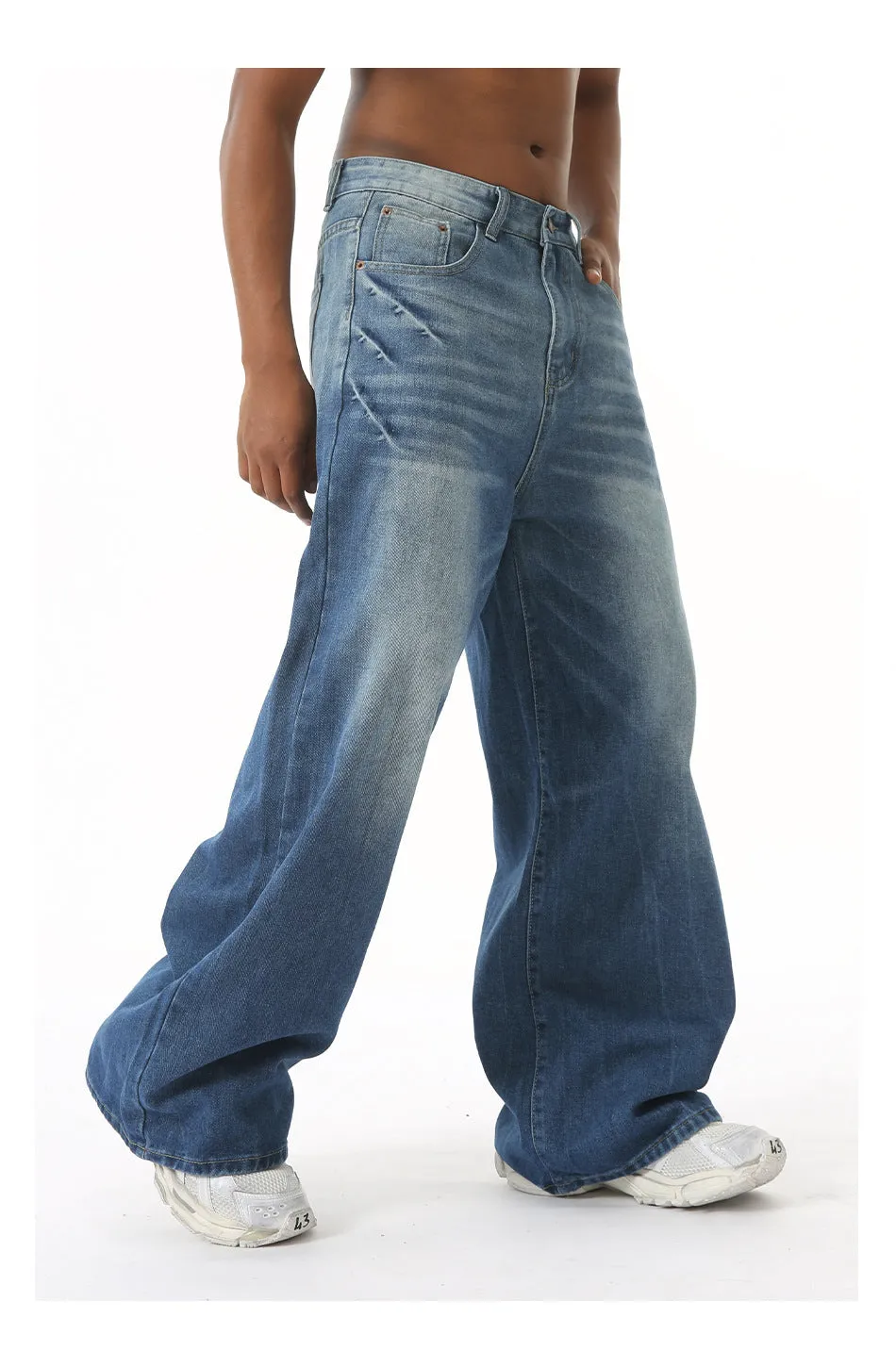 Men's retro washed light blue straight wide leg jeans with zipper fly, front view