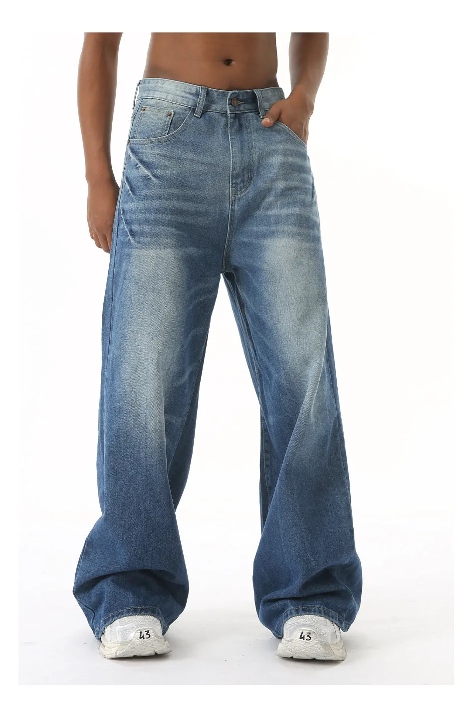 Men's retro washed light blue straight wide leg jeans with zipper fly, front view