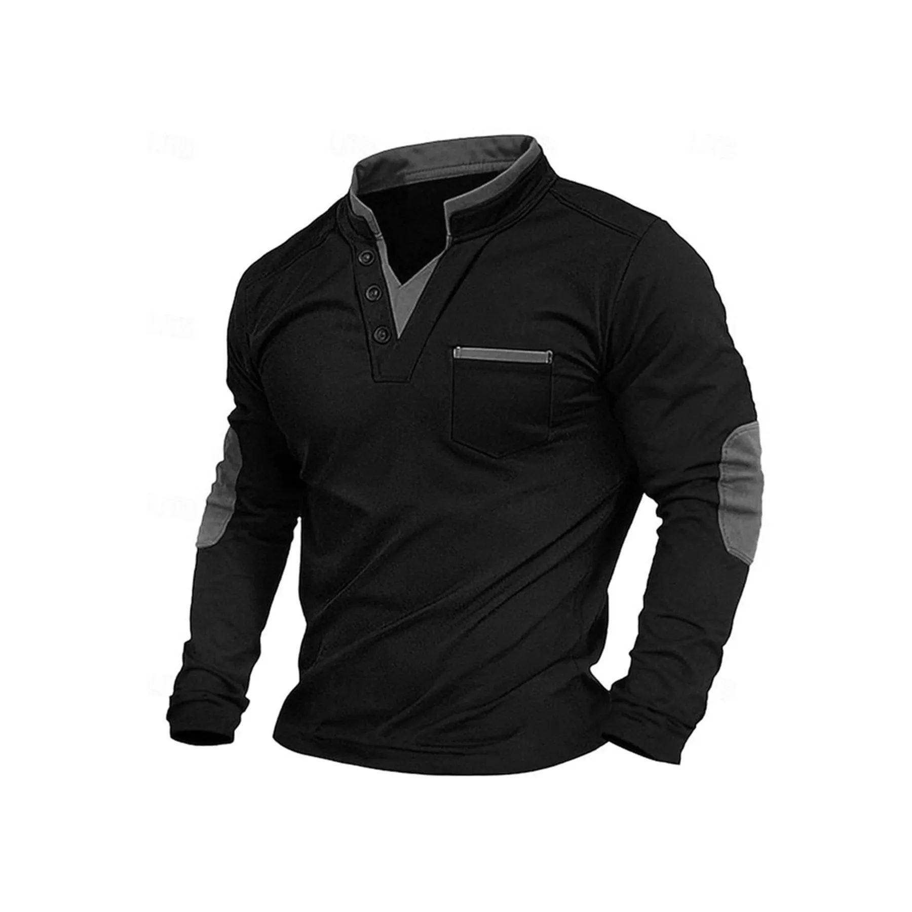 Men's stand collar long-sleeved sweater in solid black gray colour, stitching detail, pullover style, front view